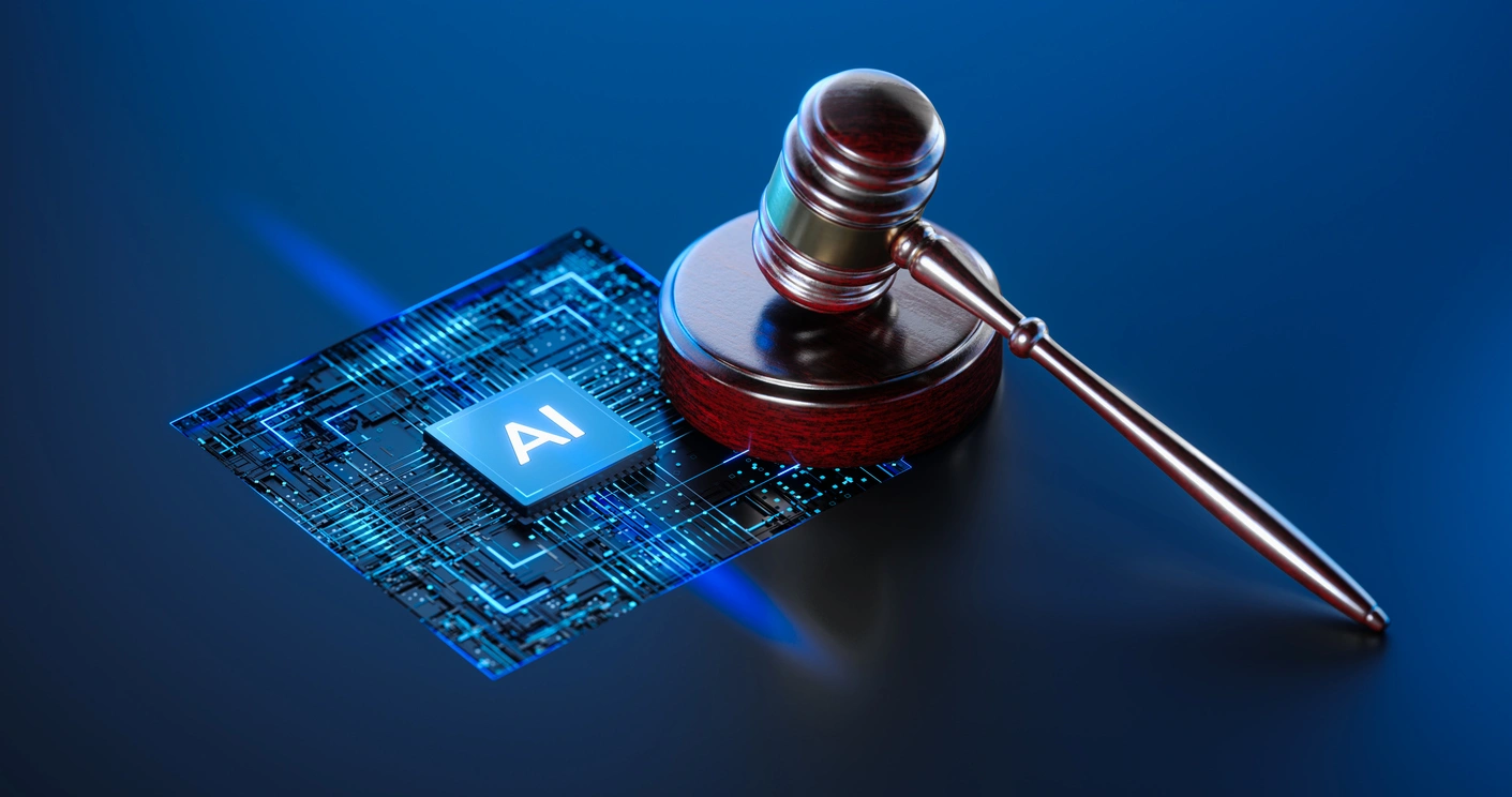 AI and law illustration by Alexander Sikov. Gavel smashing AI chip.